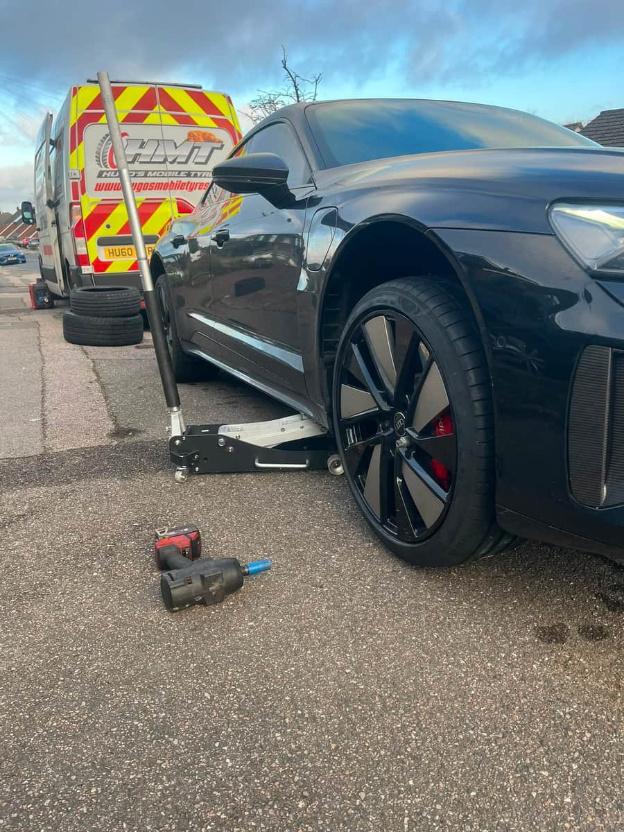 Hugo's Mobile Tyres van on a mobile tyre fitting callout on a residential street in Dartford