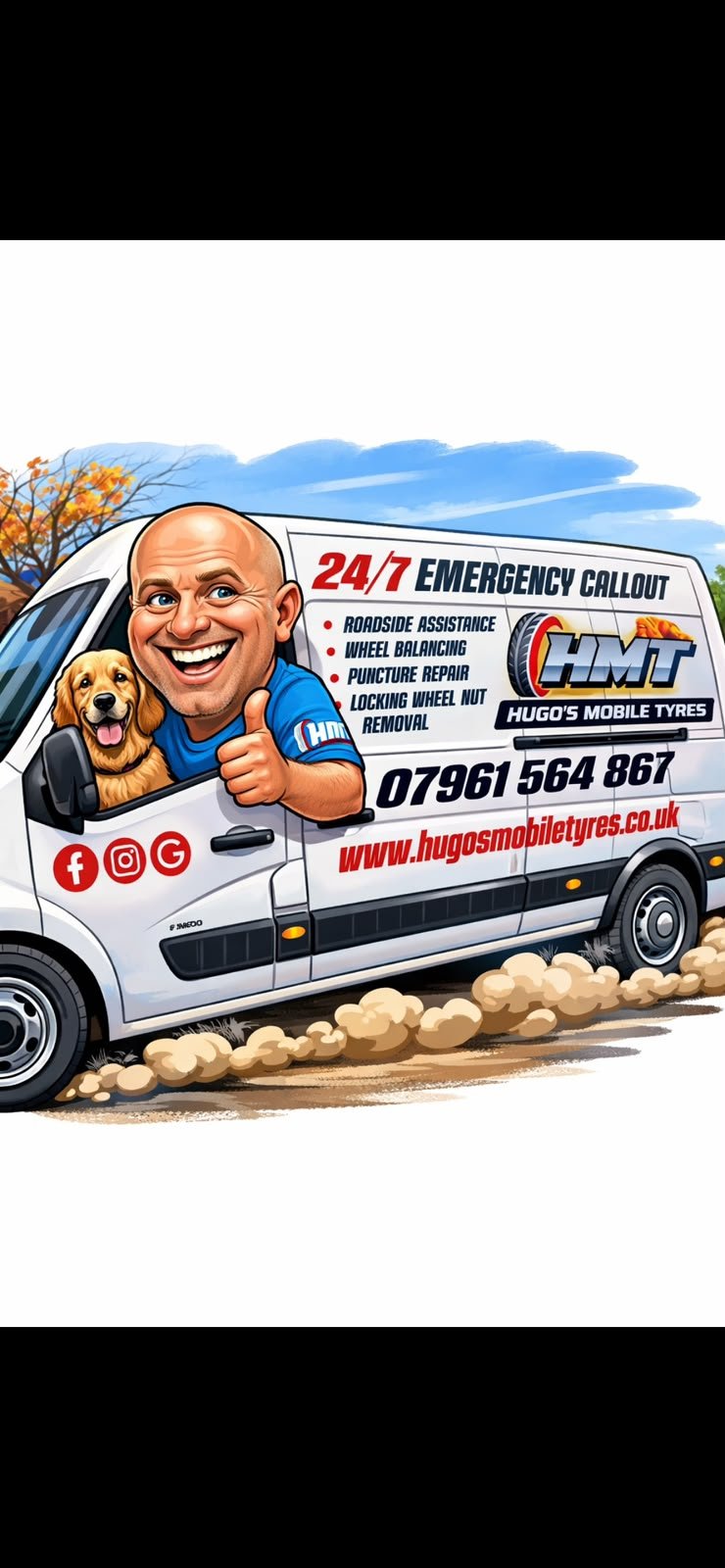 Illustrated graphic of Wayne and Hugo the cocker spaniel on the Hugo's Mobile Tyres van