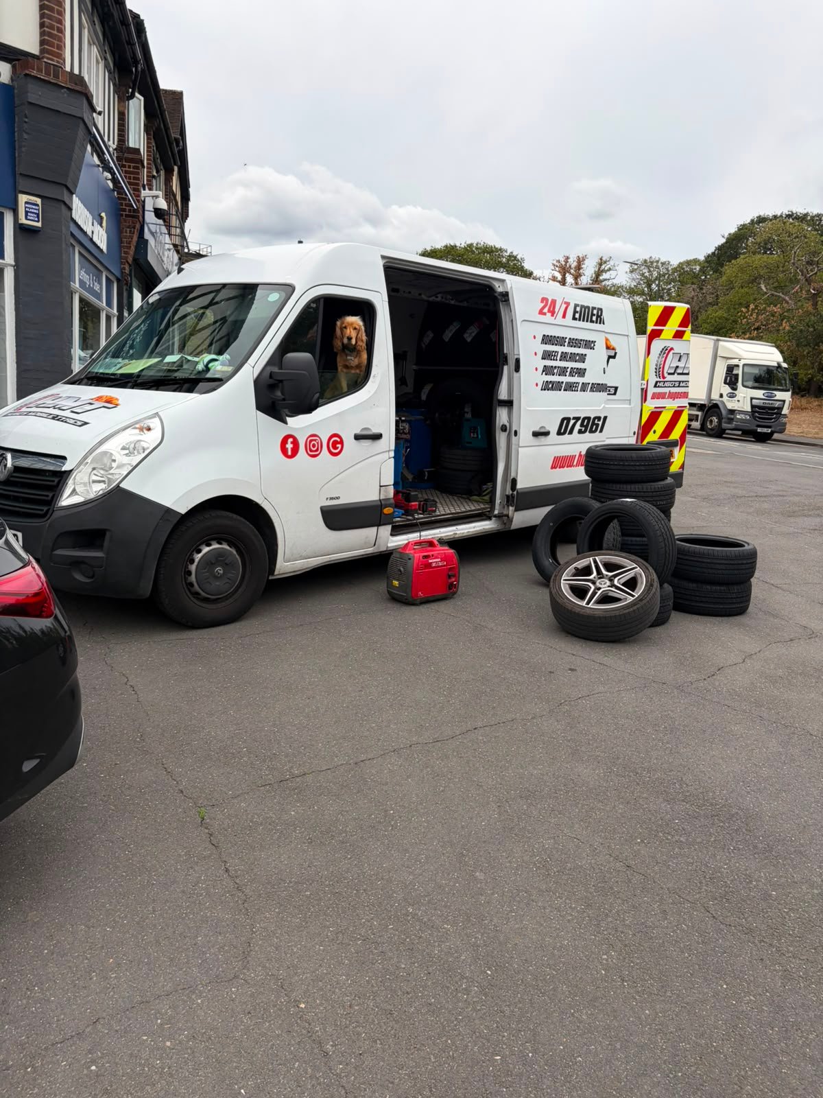 Hugo the cocker spaniel riding along in the Hugo's Mobile Tyres van