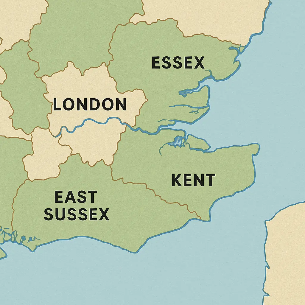 Map of our coverage area across Kent, Essex, London and East Sussex